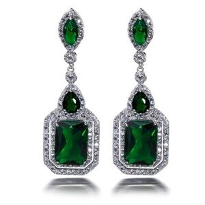 Farah Jewelry Green and Silver Drop Earrings with Emerald-Cut Gemstones
